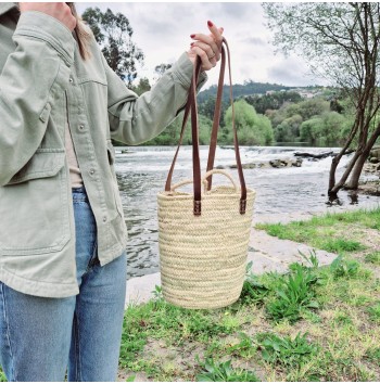 French round leather handle basket