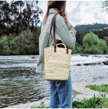 French round leather handle basket