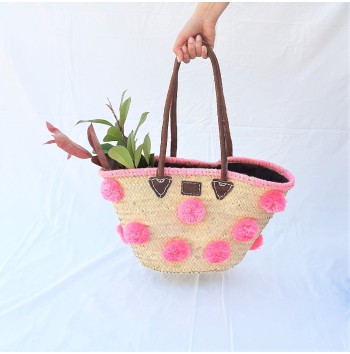 Large Tote Bag with Pink Pom Poms