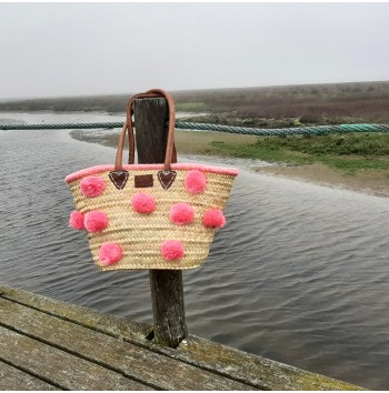 Large Tote Bag with Pink Pom Poms