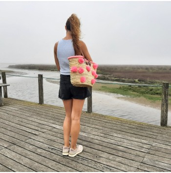 Large Tote Bag with Pink Pom Poms