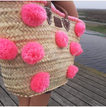 Large Tote Bag with Pink Pom Poms