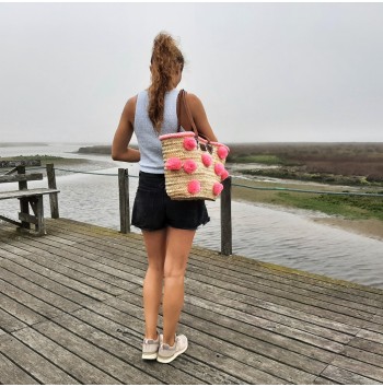 Large Tote Bag with Pink Pom Poms