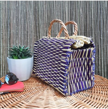 Purple Check Straw Tote