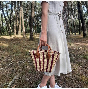 Red Striped Straw Reed Bag with Leather