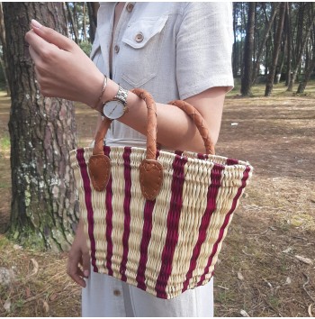 Red Striped Straw Reed Bag with Leather