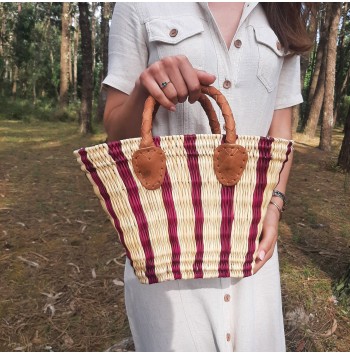 Red Striped Straw Reed Bag with Leather
