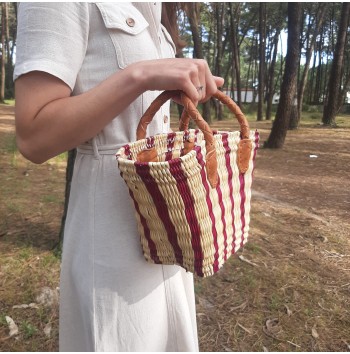 Red Striped Straw Reed Bag with Leather