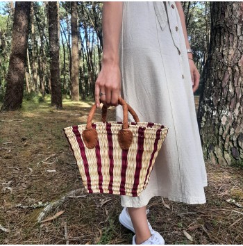 Red Striped Straw Reed Bag with Leather