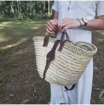 French straw basket with leather buttons