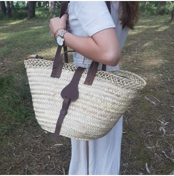 French straw basket with leather buttons