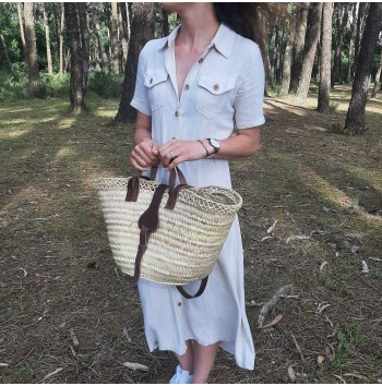 French straw basket with leather buttons