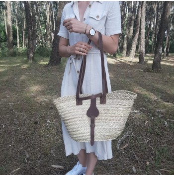 French straw basket with leather buttons