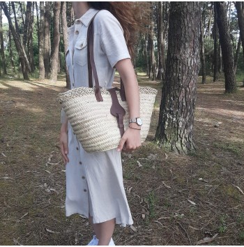 French straw basket with leather buttons